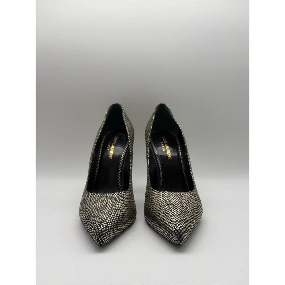 Saint Laurent Paris Anja Pumps Silver Black Snakeskin Stiletto Heels‎ 315530 38